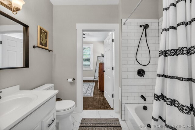 149 N Columbia Pl, Tulsa, OK 74110 - full bath featuring marble finish flooring, vanity, and shower / bath combo with shower curtain