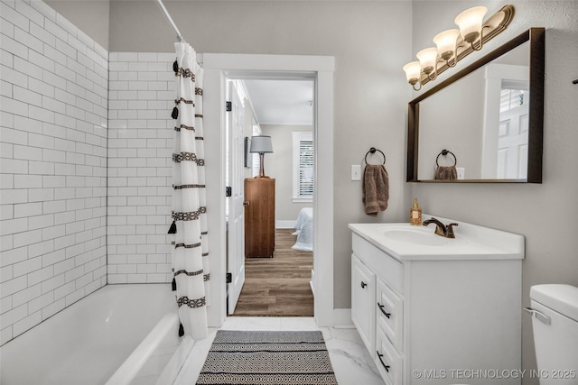 149 N Columbia Pl, Tulsa, OK 74110 - full bathroom with vanity, shower / bath combination with curtain, ensuite bathroom, and marble look tile flooring
