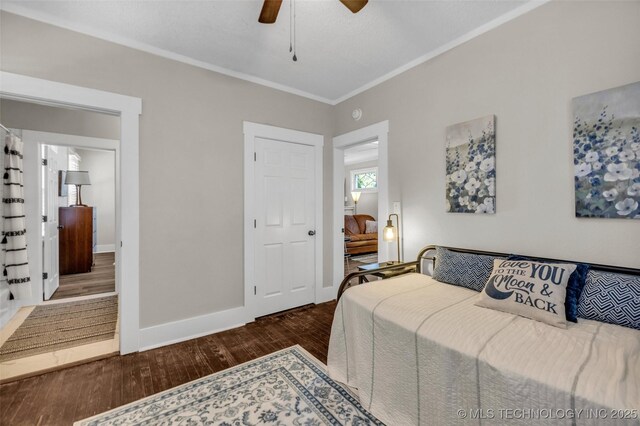 149 N Columbia Pl, Tulsa, OK 74110 - bedroom with wood-type flooring, ornamental molding, and ceiling fan