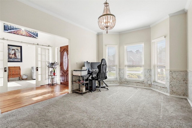 812 N Butternut Ave, Broken Arrow, OK 74012 - carpeted office featuring a chandelier, a wainscoted wall, and crown molding