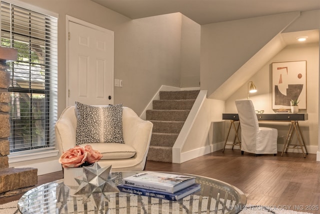 6376 S 80th E Ave Unit 41H, Tulsa, OK 74133 - living area featuring wood finished floors and stairs