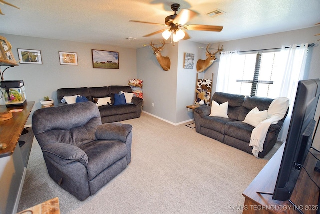 18185 Hilltop Cir, Tahlequah, OK 74464 - living area featuring ceiling fan, carpet, and a textured ceiling