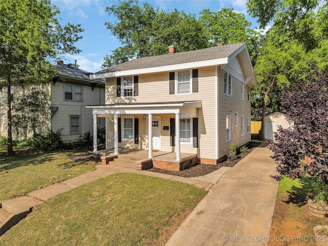 408 K SW, Ardmore, OK 73401 - view of front of house with a porch, a front yard, a shed, a chimney, and a shingled roof