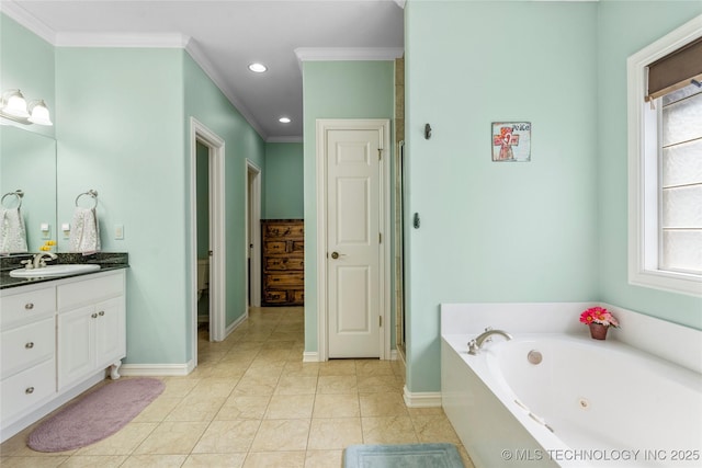 8811 E 110th St S, Bixby, OK 74133 - full bathroom with vanity, healthy amount of natural light, recessed lighting, a whirlpool tub, and crown molding