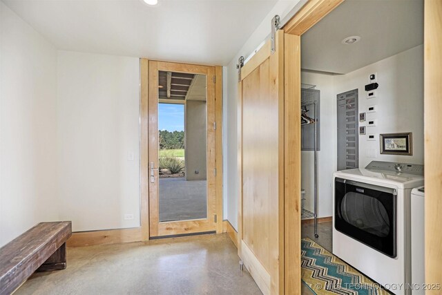 421403 E 1920th Rd, Antlers, OK 74523 - washroom with washer and clothes dryer and a barn door