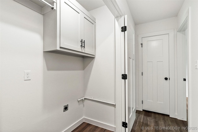 10062 E Northshire St, Claremore, OK 74017 - washroom with dark wood-style flooring, cabinet space, and electric dryer hookup
