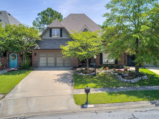 9025 N 100th E Ave, Owasso, OK 74055 - view of front of house with concrete driveway, a front lawn, brick siding, and an attached garage