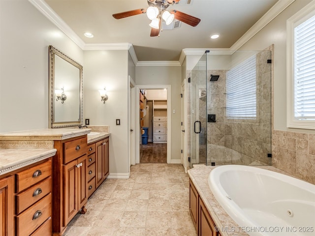 9025 N 100th E Ave, Owasso, OK 74055 - bathroom with a stall shower, vanity, a ceiling fan, a jetted tub, and ornamental molding