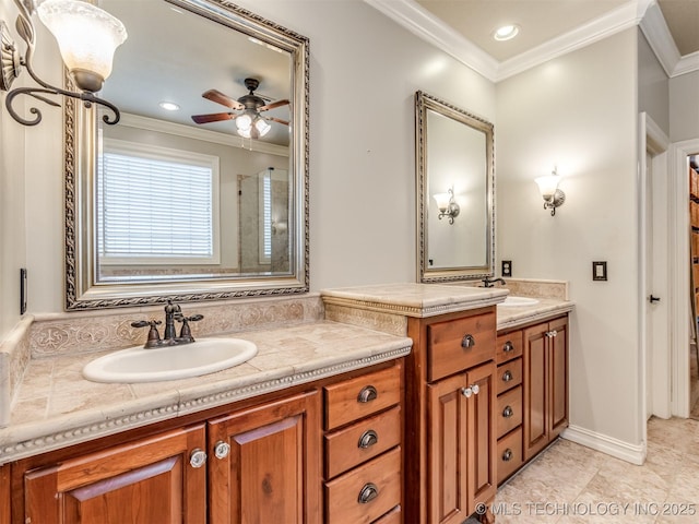 9025 N 100th E Ave, Owasso, OK 74055 - bathroom featuring vanity, crown molding, ceiling fan, recessed lighting, and tile patterned floors