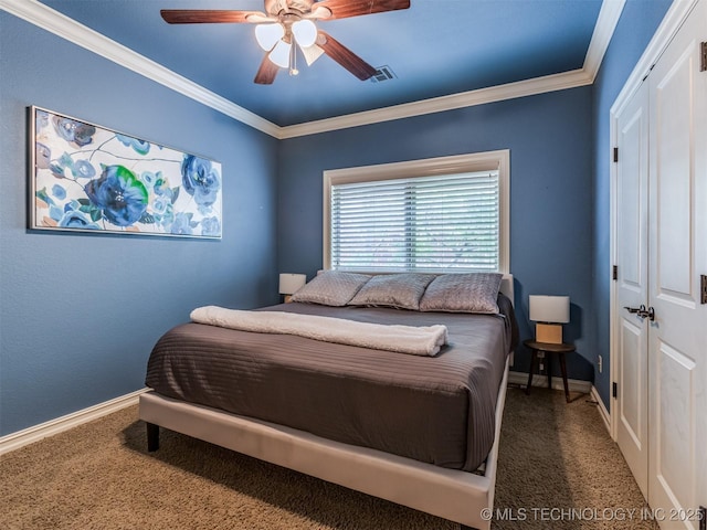 9025 N 100th E Ave, Owasso, OK 74055 - carpeted bedroom with crown molding, a closet, and ceiling fan