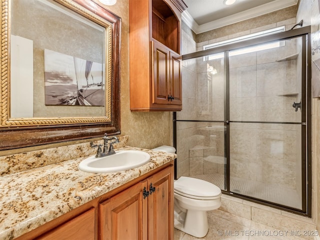9025 N 100th E Ave, Owasso, OK 74055 - bathroom with ornamental molding, vanity, a stall shower, and tile patterned flooring