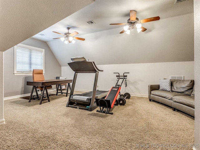 9025 N 100th E Ave, Owasso, OK 74055 - exercise area featuring a ceiling fan, carpet floors, and lofted ceiling