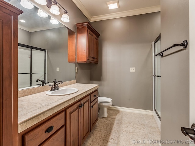9025 N 100th E Ave, Owasso, OK 74055 - full bathroom featuring vanity, ornamental molding, a shower with shower door, and tile patterned floors