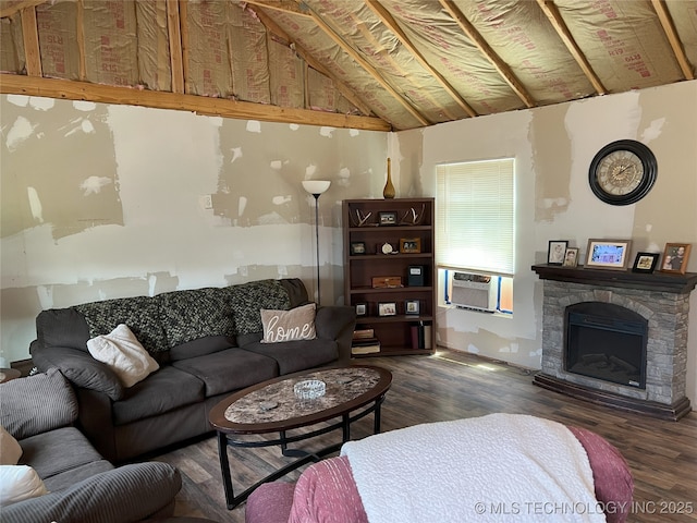 183006 N 4170th Rd, Moyers, OK 74557 - living room featuring wood finished floors, lofted ceiling, a fireplace, and cooling unit