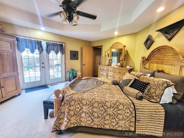 17978 W Stone Chapel Rd, Tahlequah, OK 74464 - bedroom with access to outside, french doors, carpet, a raised ceiling, and recessed lighting