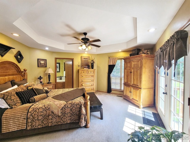 17978 W Stone Chapel Rd, Tahlequah, OK 74464 - bedroom featuring light carpet, a raised ceiling, access to exterior, recessed lighting, and a ceiling fan
