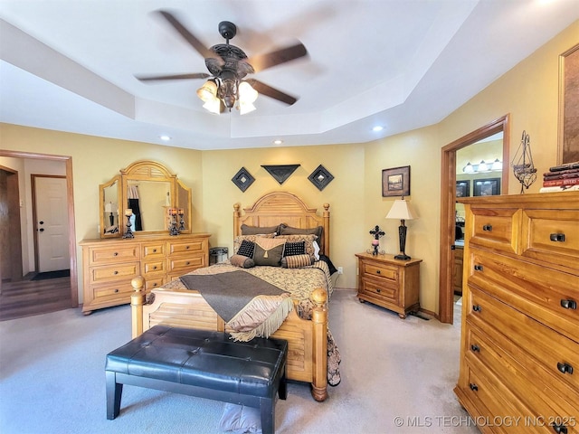 17978 W Stone Chapel Rd, Tahlequah, OK 74464 - bedroom featuring light carpet, a raised ceiling, recessed lighting, and ceiling fan