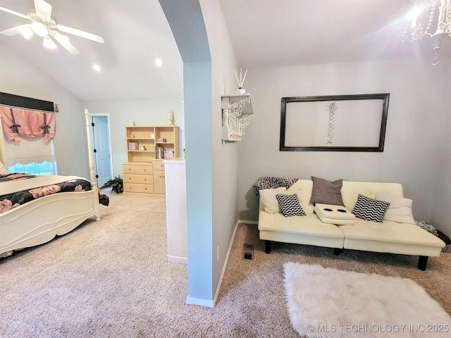 17978 W Stone Chapel Rd, Tahlequah, OK 74464 - living room with carpet, arched walkways, lofted ceiling, a ceiling fan, and recessed lighting