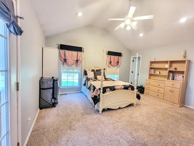 17978 W Stone Chapel Rd, Tahlequah, OK 74464 - bedroom featuring vaulted ceiling, carpet flooring, ceiling fan, and recessed lighting