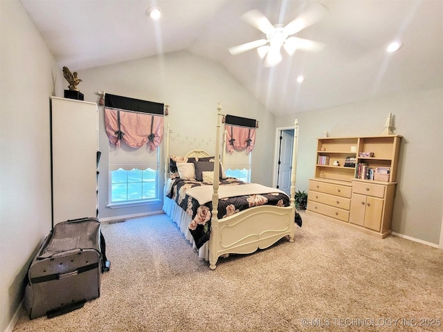 17978 W Stone Chapel Rd, Tahlequah, OK 74464 - carpeted bedroom with vaulted ceiling, recessed lighting, and ceiling fan