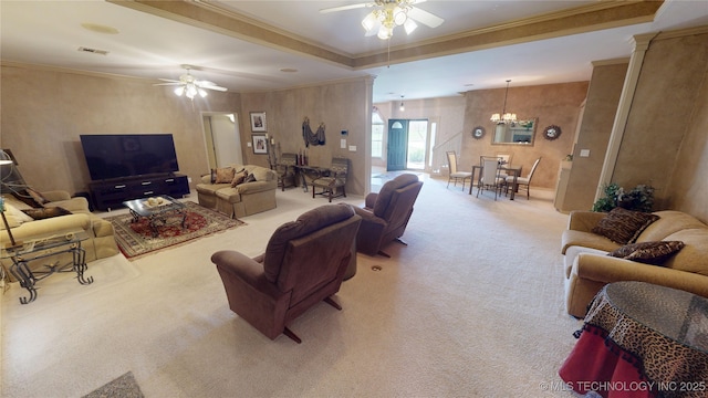 3302 Callaway Dr, Claremore, OK 74019 - living area with ceiling fan, light colored carpet, a chandelier, and crown molding