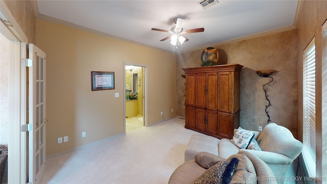 3302 Callaway Dr, Claremore, OK 74019 - living area with ceiling fan, light carpet, and ornamental molding