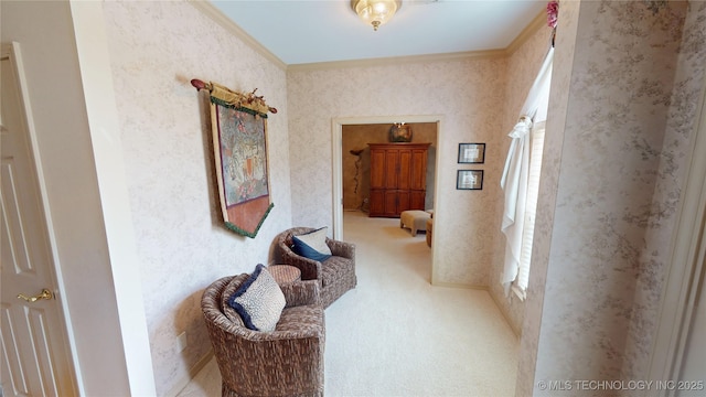3302 Callaway Dr, Claremore, OK 74019 - corridor featuring crown molding, plenty of natural light, wallpapered walls, and carpet