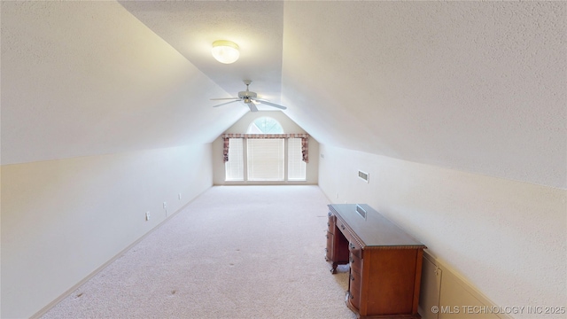 3302 Callaway Dr, Claremore, OK 74019 - additional living space with lofted ceiling, a textured ceiling, light carpet, and ceiling fan