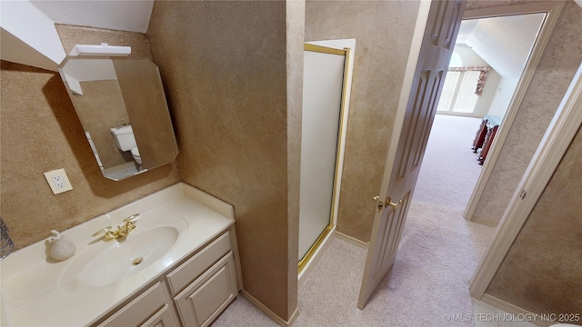 3302 Callaway Dr, Claremore, OK 74019 - bathroom featuring a stall shower, vanity, and vaulted ceiling