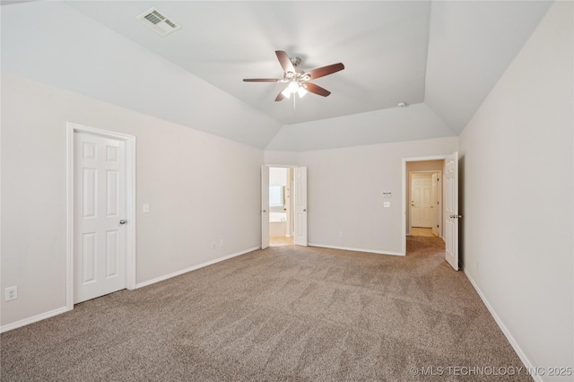 1701 W Durham St, Broken Arrow, OK 74011 - unfurnished bedroom featuring carpet, lofted ceiling, connected bathroom, and a ceiling fan