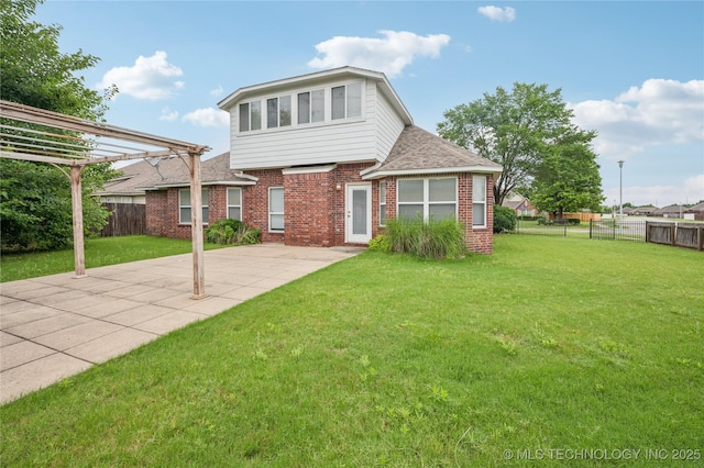 1701 W Durham St, Broken Arrow, OK 74011 - rear view of property featuring brick siding, a pergola, a fenced backyard, and a patio