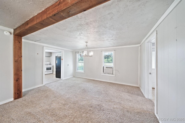 525 S 3rd Ave, Hallett, OK 74034 - unfurnished living room featuring a chandelier, light carpet, crown molding, a textured ceiling, and cooling unit