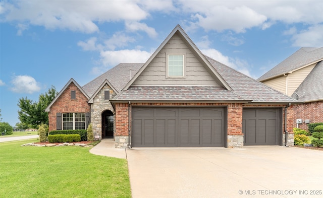 113 E 128th St S, Jenks, OK 74037 - view of front of house featuring roof with shingles, driveway, a garage, a front lawn, and stone siding