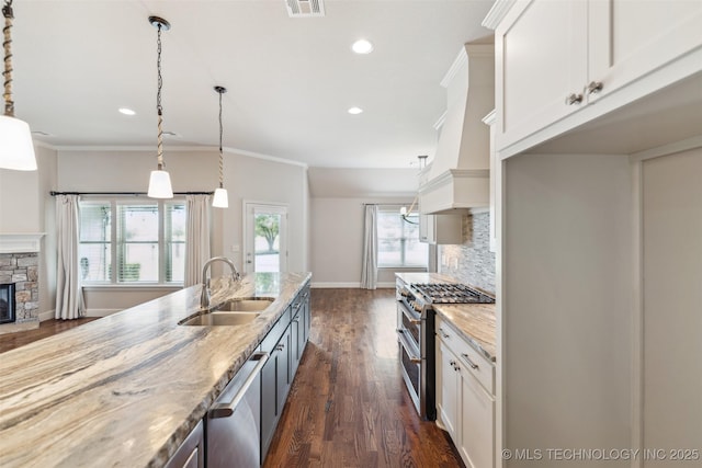 113 E 128th St S, Jenks, OK 74037 - kitchen featuring appliances with stainless steel finishes, dark wood-type flooring, light stone counters, a fireplace, and backsplash