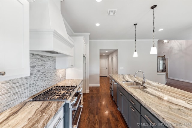 113 E 128th St S, Jenks, OK 74037 - kitchen with high end stainless steel range oven, custom exhaust hood, white cabinetry, ornamental molding, and dark wood-style flooring