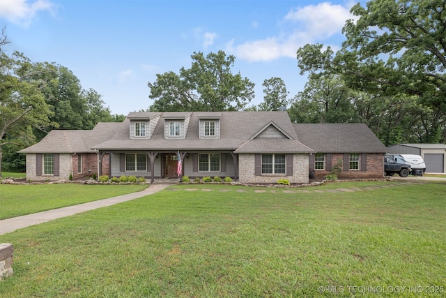 209 Shell Ln, Durant, OK 74701 - view of front of home with a front lawn, brick siding, a shingled roof, and a detached garage
