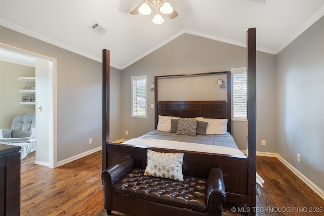209 Shell Ln, Durant, OK 74701 - bedroom featuring wood finished floors, vaulted ceiling, a ceiling fan, and ornamental molding