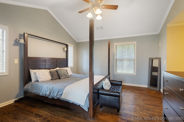 209 Shell Ln, Durant, OK 74701 - bedroom featuring dark wood-style flooring, vaulted ceiling, ornamental molding, and ceiling fan