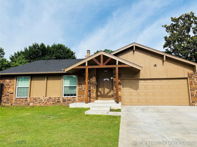 7936 S 72nd E Ave, Tulsa, OK 74133 - ranch-style house featuring stone siding, a garage, driveway, and a front lawn