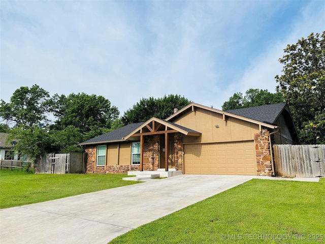 7936 S 72nd E Ave, Tulsa, OK 74133 - ranch-style house featuring stone siding, an attached garage, concrete driveway, and a shingled roof