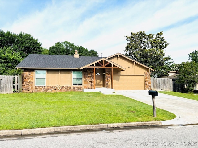7936 S 72nd E Ave, Tulsa, OK 74133 - view of front facade with stone siding, driveway, a garage, a chimney, and roof with shingles