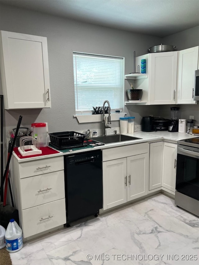 329 E Zion Pl, Tulsa, OK 74106 - kitchen featuring appliances with stainless steel finishes, light marble finish floors, white cabinets, light countertops, and open shelves