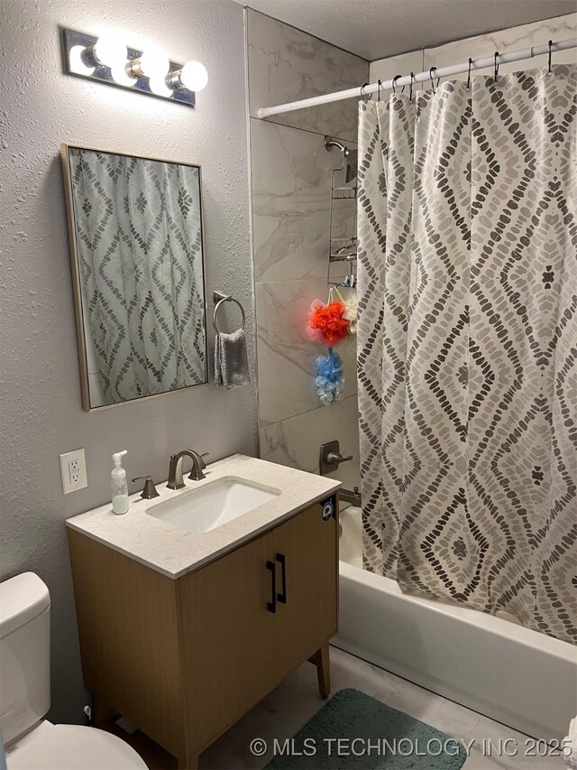 329 E Zion Pl, Tulsa, OK 74106 - bathroom with shower / bath combo with shower curtain, vanity, and a textured wall