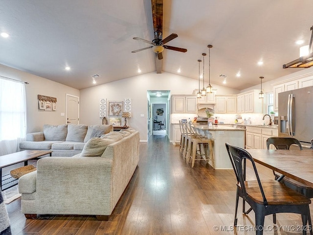 23997 County Road 1475th Loop, Ada, OK 74820 - living room featuring a ceiling fan, dark wood-style flooring, and recessed lighting