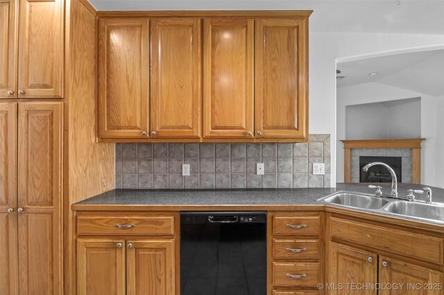 13124 N 133rd E Ave, Collinsville, OK 74021 - kitchen with dishwasher, brown cabinets, dark countertops, and lofted ceiling