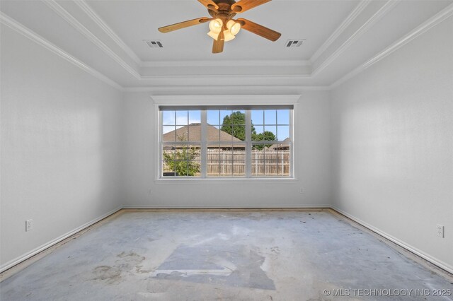 13124 N 133rd E Ave, Collinsville, OK 74021 - unfurnished room featuring a tray ceiling, unfinished concrete floors, ornamental molding, and ceiling fan