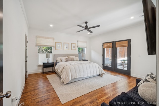 1617 S St Louis Ave, Tulsa, OK 74120 - bedroom featuring access to exterior, crown molding, french doors, wood finished floors, and recessed lighting
