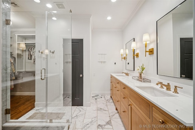 1617 S St Louis Ave, Tulsa, OK 74120 - full bathroom with double vanity, a shower stall, crown molding, marble finish floors, and recessed lighting
