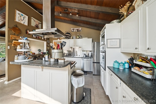 2536 E 57th St, Tulsa, OK 74105 - kitchen featuring wood ceiling, stainless steel appliances, island exhaust hood, light tile patterned floors, and dark countertops