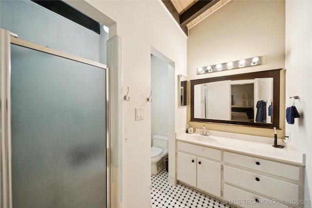2536 E 57th St, Tulsa, OK 74105 - bathroom with vanity, a stall shower, and lofted ceiling